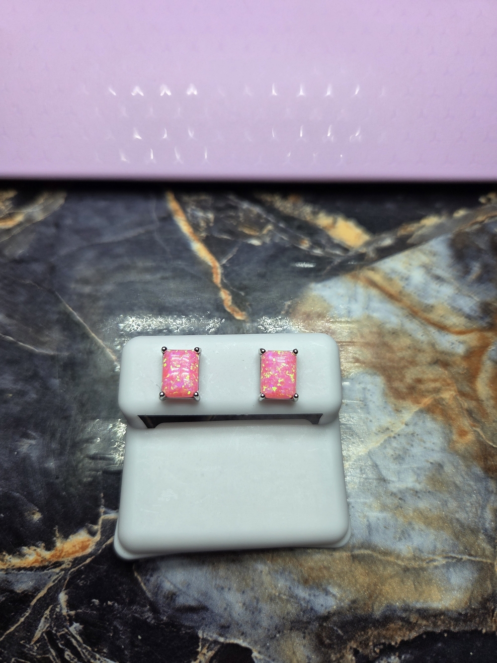Natural Pink Opal Rectangle Stud Earrings - 925 Silver